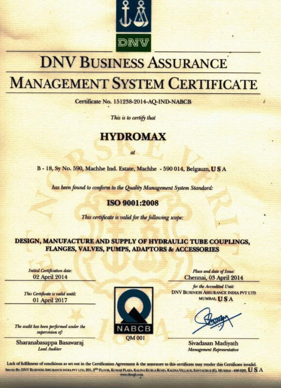 chứng nhận ISO của máy hydromax